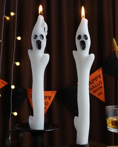 10-Inch Ghost White Taper Candles with Decorative Candlestick - Set of 2