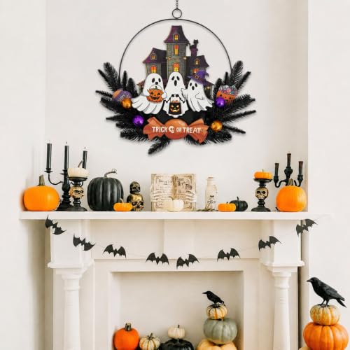 Pre-Lit Halloween Ghost Wreath with Timer for Front Door - Battery Operated, Autumn Decor