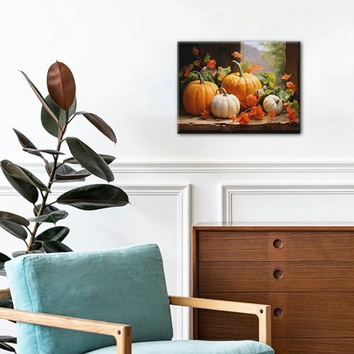Fall Pumpkin Canvas Wall Art - 16x12 Inch Autumn Themed Farmhouse Decor