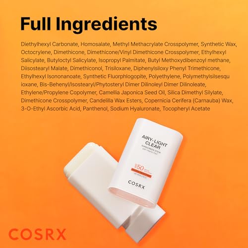 COSRX Airy-Light Clear Sunscreen Stick with Vitamin E & C SPF 50, 0.67 oz, 19g, Lightweight, Travel Essentials, Summer Essentials, Korean Skin Care, Korean Matte Sunscreen for Face