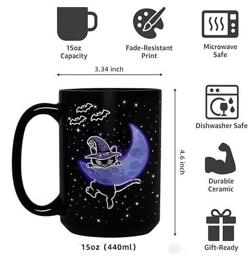 Halloween Cat Mug 15oz Black Ceramic Coffee Cup - Wizard Cat Variation