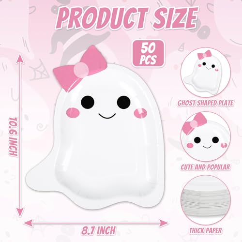 Halloween Ghost Paper Plates with Pink Bow - 50 Pack Disposables