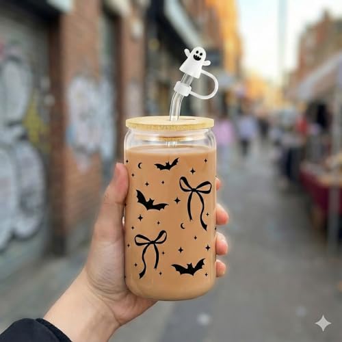 Halloween Glass Cup 16 Oz Bat Tumbler with Ghost Straw Topper - Black Bat Variation