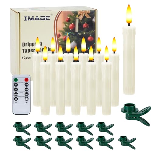 12 Pack Flameless Taper Candles with Clip - Realistic Flickering Flame Effect for Christmas Decor