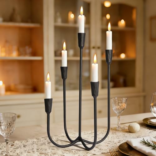Black Cast Iron 5-Arm Candle Holder Candelabra for Wedding & Home Decor - 17.6 Inch