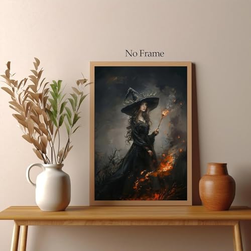 Halloween Witch Canvas Wall Art Poster - 24x16 Inches Dark Gothic Decor