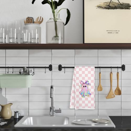 Pastel Pink Halloween Ghost Checkered Kitchen Towels - Fall Decor 005