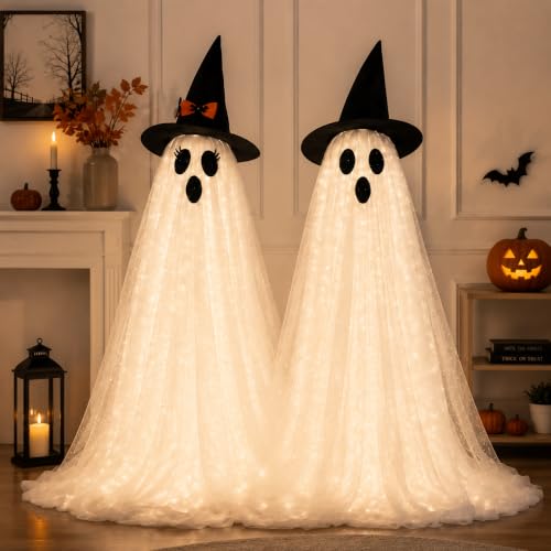 Lighted Halloween Ghost Decorations Outdoor - 2 Pack, Warm White