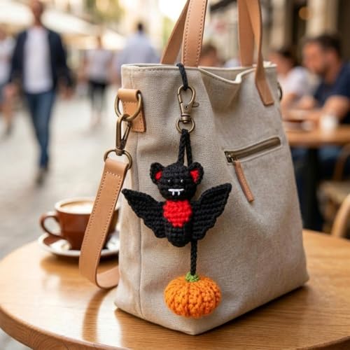Halloween Crochet Bat & Pumpkin Car Mirror Hanging Decor - Spooky Gothic Interior Ornament