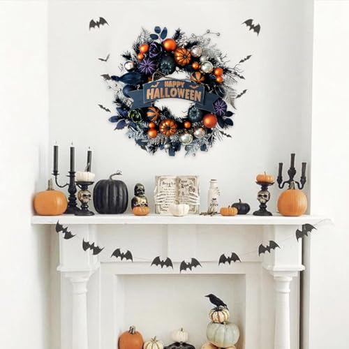 24-Inch Halloween Black Glitter Pumpkin Wreath for Front Door