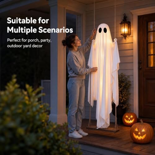 Large 4.3 Ft Hanging Ghost Decoration with LED Lights for Halloween Yard
