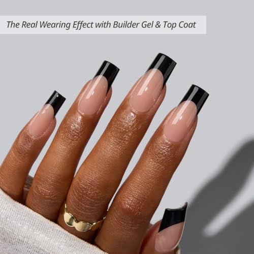 French Tip Press On Nails - Black Square Long Variant for Natural Look