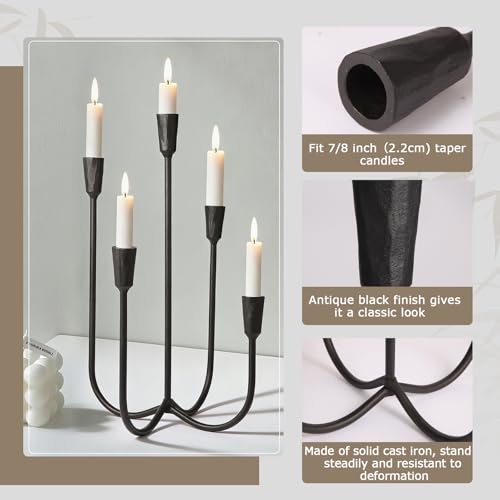 Black Cast Iron 5-Arm Candle Holder Candelabra for Wedding & Home Decor - 17.6 Inch