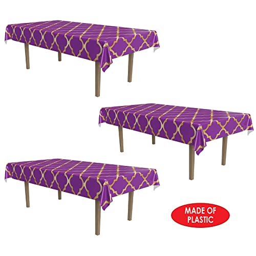 Moroccan Lattice Plastic Table Covers - 3 Pack, 54 x 108 Inches, Purple & Gold - Arabian Nights Theme Party Decor