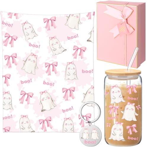 Halloween Ghost Gift Set with Pink Bow Glass Cup Blanket & Keychain - For Women