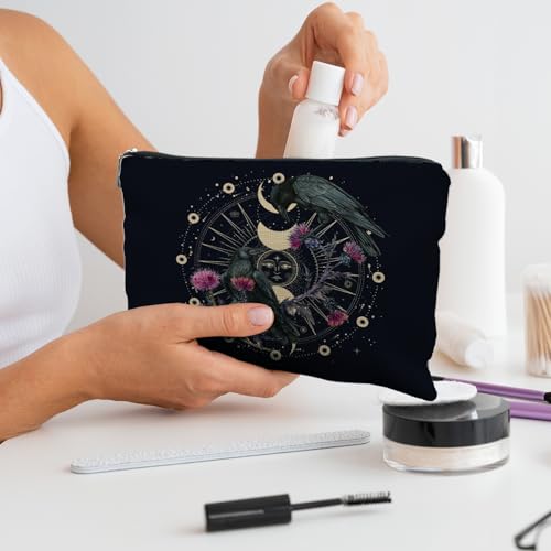 Goth Raven Cosmetic Bag - Celestial Sun & Moon Phase Witchy Makeup Bag for Women - Variation 2