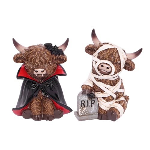 Halloween Highland Cow Decor Set - Resin Vampire & Mummy Figurines - Multicolor 10