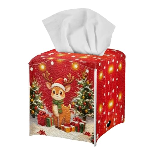 Christmas Reindeer Tissue Box Cover Square Red Home Decoration Accessory - 5x5