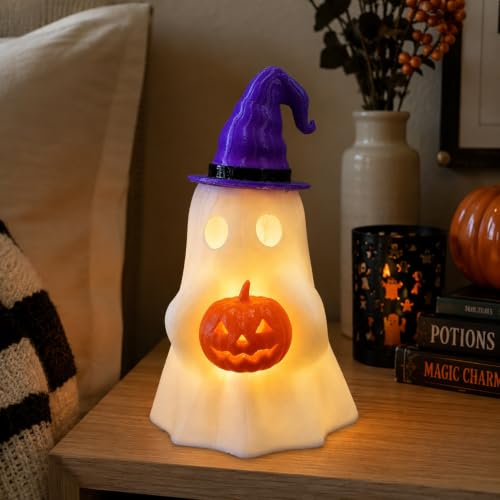 Halloween Ghost Decor with Pumpkin LED Light - Cute Spooky Seasonal Tabletop Accent