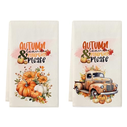 Fall Hand Towels Set of 2 - Pumpkin & Retro Truck Kitchen & Bathroom Decor