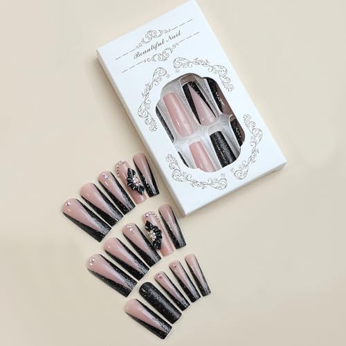 Press on Nails Long Square Black French Tip with Rhinestones - 24 pcs, Variation 11302Black