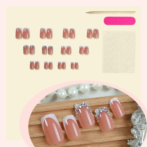 Square Press On Nails Short Fake Nails with Rhinestones French Tip Style 8