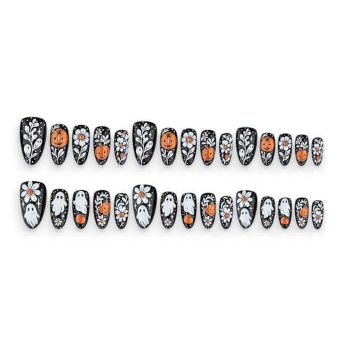 Black Halloween Press-On Nails with Ghosts & Pumpkin Design - Medium Almond Full Cover Fake Nails