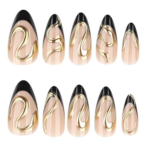 Black French Tip Press On Nails - Gold Lines Design, Medium Almond, Style19
