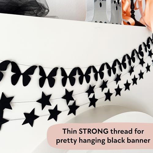 Black Butterfly Garland - Pre-Strung Felt Halloween Wall Decor, 9 Feet - Black