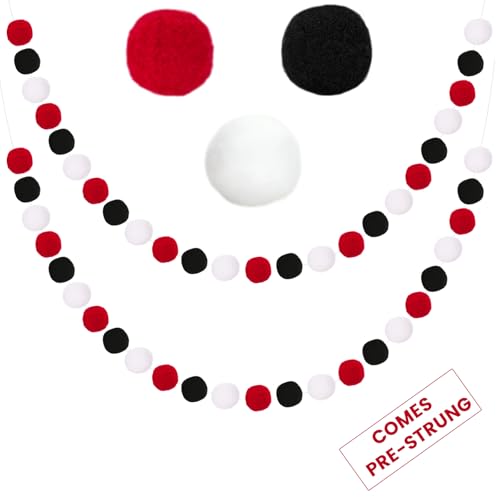 Colorful Felt Ball Garland 2 Pcs - Black White Red Halloween Decor, 8.2ft