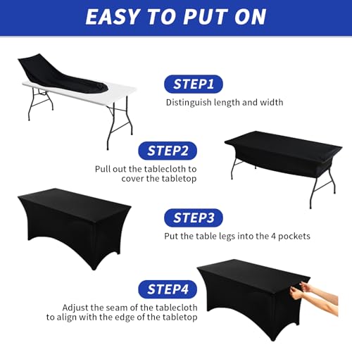 Black 6Ft Spandex Fitted Tablecloth Set - 12 Pack for Rectangle Tables - Washable & Wrinkle-Resistant