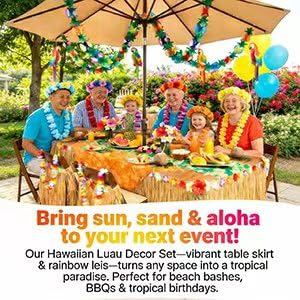 Grass Color Tropical Party Table Skirt & Leis Set - 9ft x 29.5in
