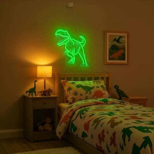 Green Dinosaur Neon Sign Wall Decor - USB Dimmable Night Light for Boys Bedroom, Party & Holiday Gift
