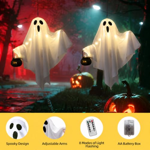 2 Pack Glowing Hanging Ghosts with Black Cauldrons - Halloween Yard Decor, Indoor Party Decorations, Spooky Ghosts with LED Glow - White Variant