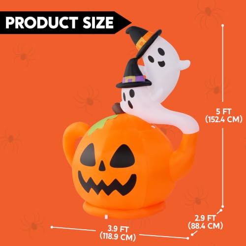 Halloween Inflatable Pumpkin Teapot with Ghosts, Lighted Yard Decor, 5ft Tall