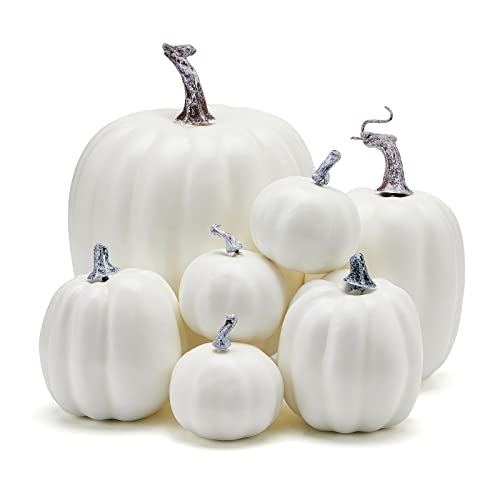 Artificial Pumpkins Set - White, 7 Varied Sizes for Autumn Fall Halloween Thanksgiving Farmhouse Decor