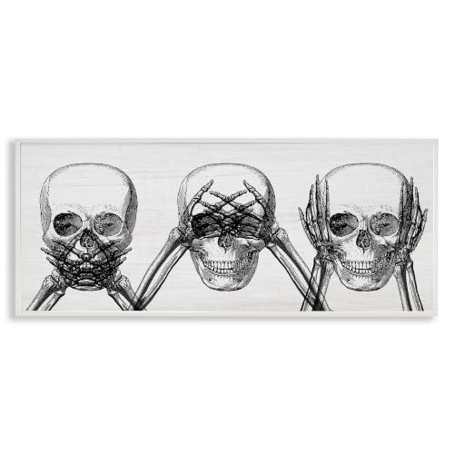 Speak See Hear No Evil Skull Wall Art - White Frame 10x24 Inches