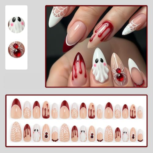 Halloween Fake Nails - Red Spider & Ghost Design Press-On Almond Nails, Reusable, 24Pcs