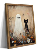 Ghost Black Cat Framed Halloween Wall Art - 24x16 Inch Spooky Cat Decor