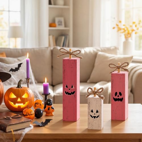 Pink Halloween Wooden Standing Block Decor - Jack-O'-Lantern Face - Pink Halloween Variation