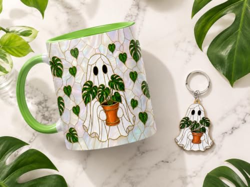 Ghost Plant Mug 11 Oz with Keychain - Halloween Plant Lover Gift - Cute Spooky Coffee Cup for Women