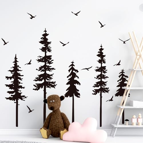 Black Forest Tree Wall Decals with Birds - Peel and Stick Woodland Mural for Bedroom