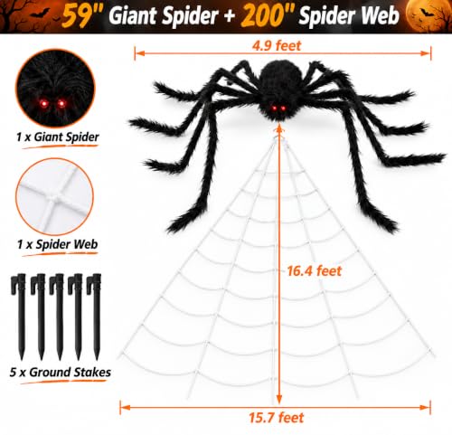 Halloween Giant Spider with Web - 59-Inch Furry Spooky Decor Set