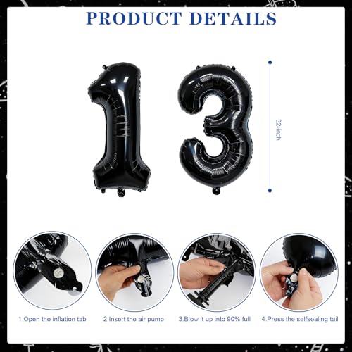 Black 13th Birthday Decorations for Boys Balloon Banner & Number 13 Foil Balloon