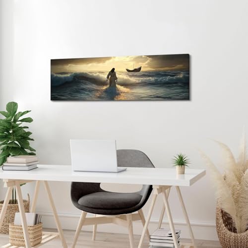 Jesus Walking on Water Canvas Wall Art - 14x48 Inch Religious Home Decor - Variation: Jesus01