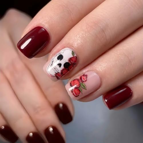 CurvLife Short Square Halloween Press-On Nails with Red Skull Design, Gothic White & Red, Gel Finish