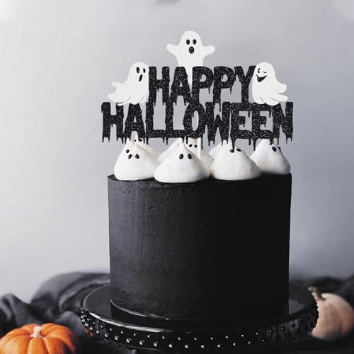 Halloween Cake Topper Spooky Ghost Decoration - Black Glitter Party Supplies