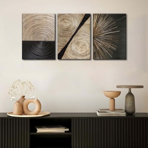 3Pcs Abstract Canvas Wall Art Set - Wood Grain, Black and Gold Lines, 12x16in - Modern Home Decor