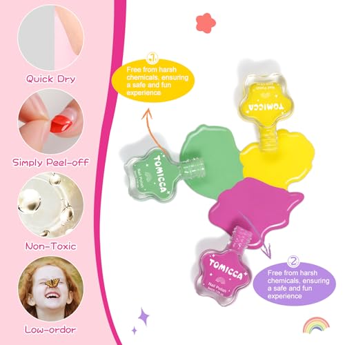 TOMICCA Kids Nail Polish - 10 Color Quick Dry Non-Toxic Peel Off Water Based Gel Nail Polish Set for Toddler Teen DIY Nail Art