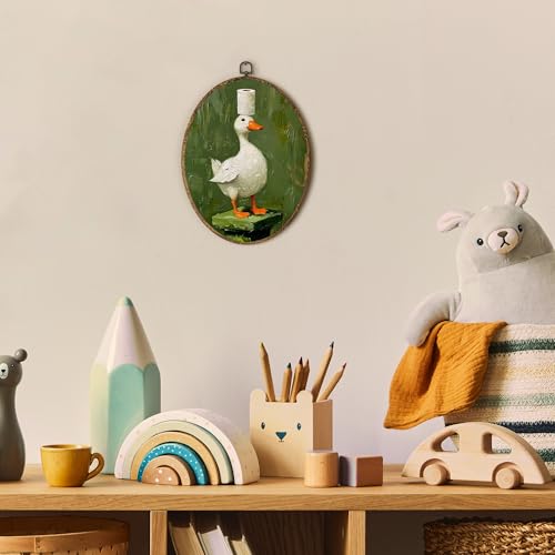 Oval Wall Art Canvas Decor - Green Duck Silly Goose Nursery Bathroom 8.5x11.5in